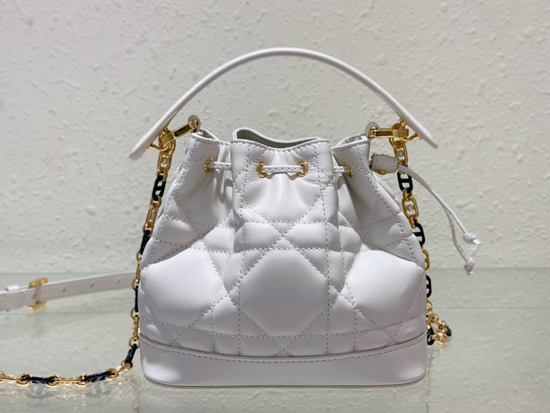 Small Dior Jolie Bucket Bag White Macrocannage Lambskin and Calfskin